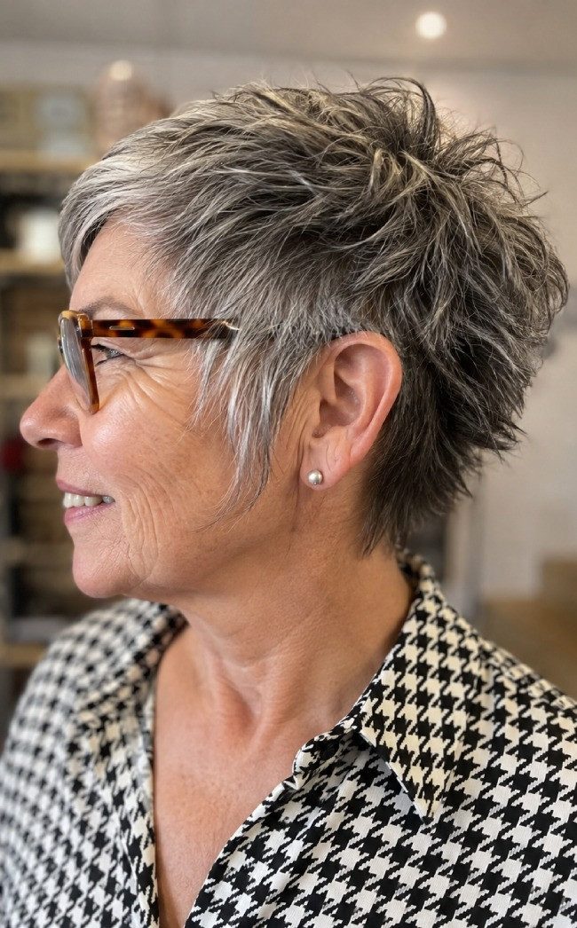 Spiky Grey Pixie Cut Spiky Grey Pixie Cut — Haircuts for Women Over 60 with Glasses