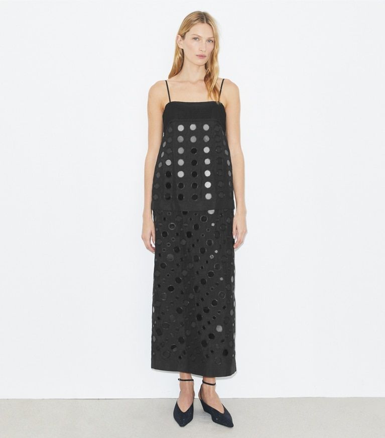 Perforated Black Midi Dress for Evening Wear Tory Burch Outfits
