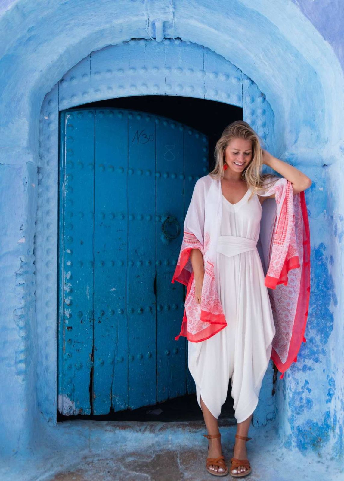 White Jumpsuit with Sheer Kimono and Red Accents White Jumpsuit with Sheer Kimono and Red Accents — Morocco Outfits