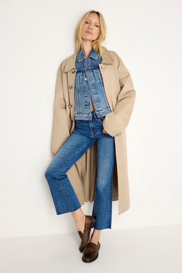 Layered Neutrals: Blue Jeans with Trench Coat, Denim Jacket, and Loafers Layered Neutrals: Blue Jeans with Trench Coat, Denim Jacket, and Loafers — Bootcut Jeans Outfits