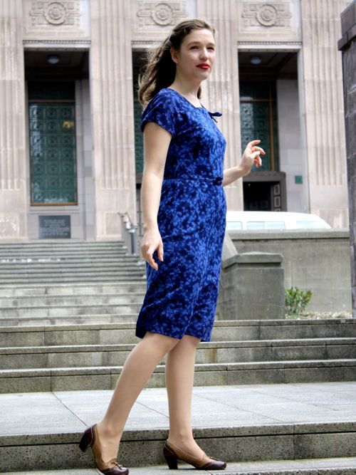 Versatile Day Dress: Blue Textured Dress with Brown Pumps — Grandma Outfits