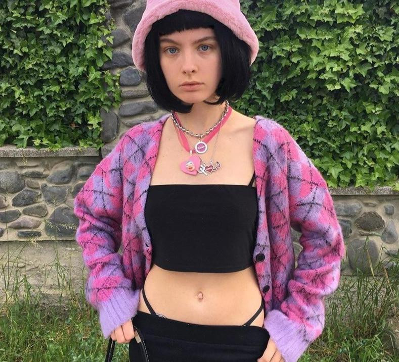 Argyle Cardigan and Tube Top Layering — Pastel Goth Outfits