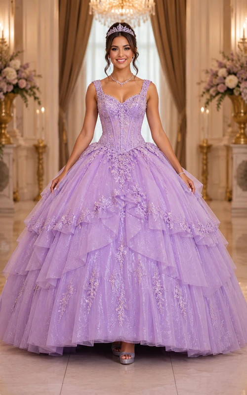 Lavender Ballgown with Sheer Cape and Lace Appliques — Quinceanera Guest Outfits