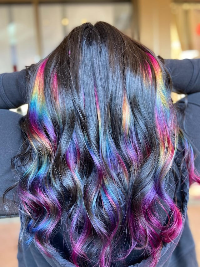 Mid-Back Wavy Hair With Rainbow Streaks Mid-Back Wavy Hair With Rainbow Streaks — Oil Slick Hair