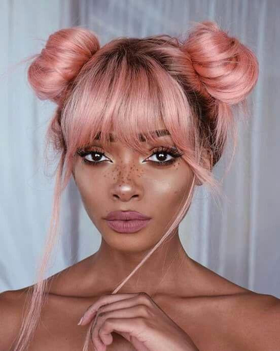 Pink Space Buns With Wispy Bangs Pink Space Buns With Wispy Bangs — Light Pink Hair