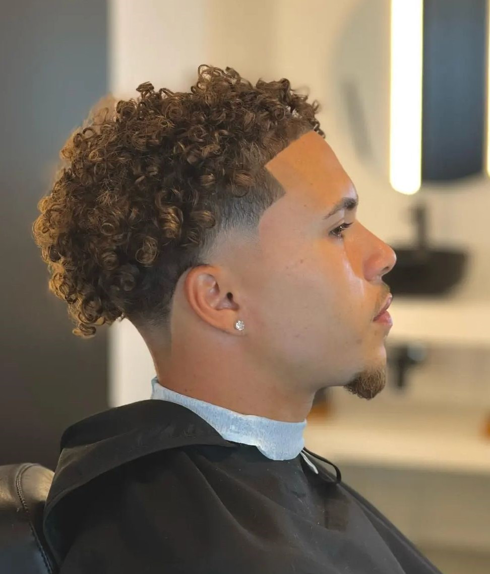 Brown Base With Lighter Brown Curls Defined Curls Middle Part Low Taper Fade Brown Base With Lighter Brown Curls Defined Curls Middle Part Low Taper Fade