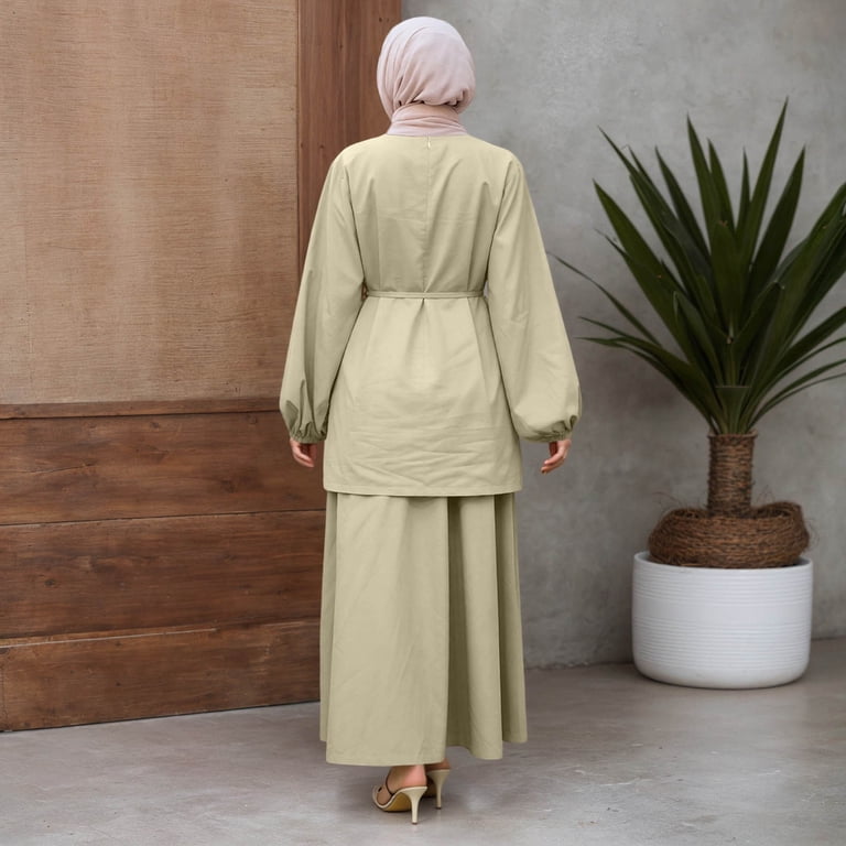 Pale Green Two-Piece Set with Belted Top for Casual Flair Pale Green Two-Piece Set with Belted Top for Casual Flair — Casual Hijab Outfits