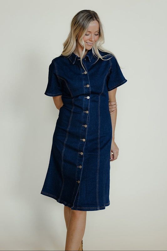 Dark Blue Denim Shirt Dress with Button-Down Front — Nursing Friendly Dresses