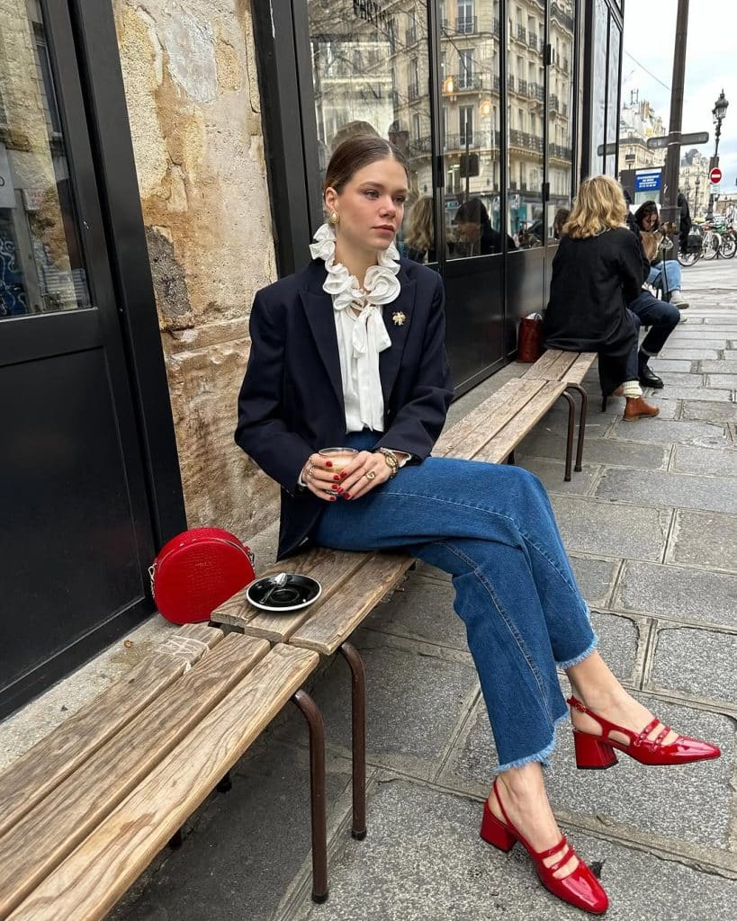 Edgy Chic: Red Mary Janes with Frayed Denim and a Blazer Edgy Chic: Red Mary Janes with Frayed Denim and a Blazer — Mary Jane Outfits