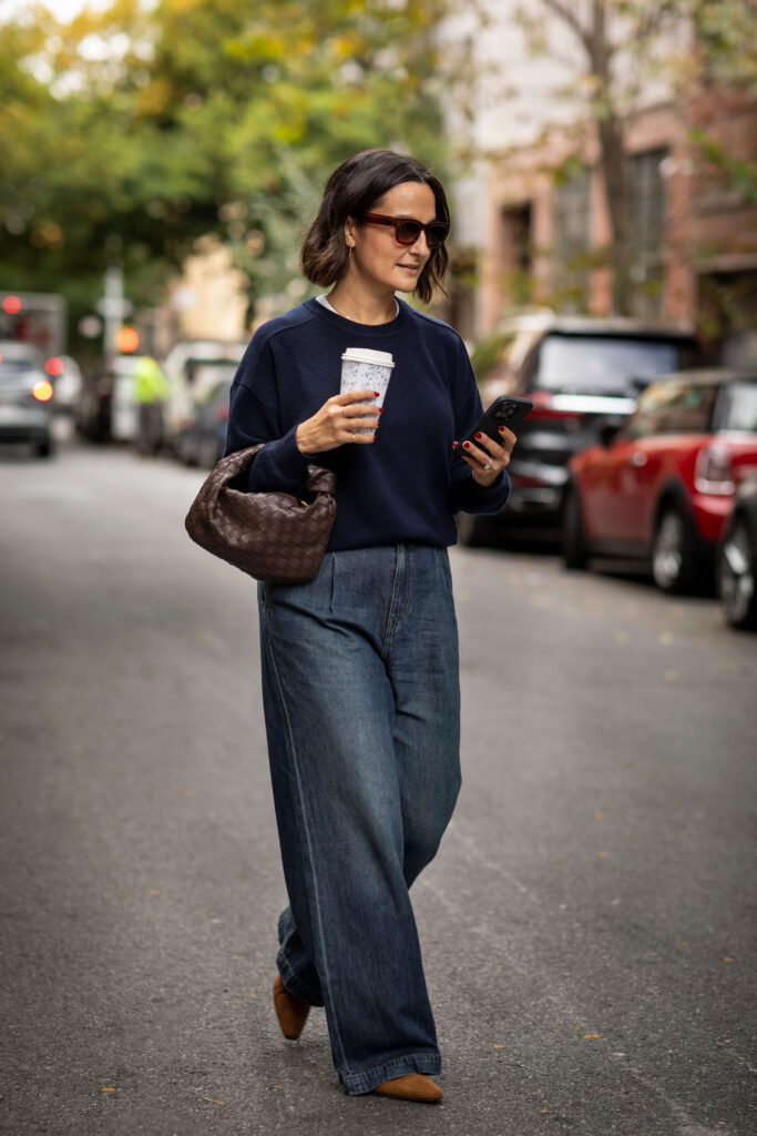 Wide-Leg Dark Wash Jeans with Navy Sweater and Tan Flats — Denim Outfits