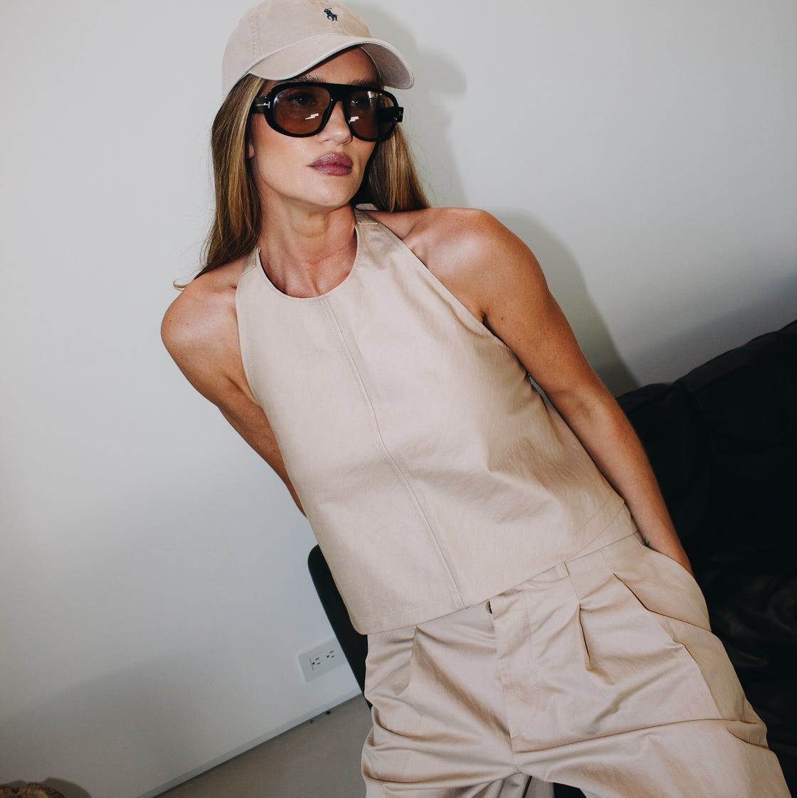 Oversized Aviator Sunglasses with Beige Halter and Trousers — Sunglasses for Round Face