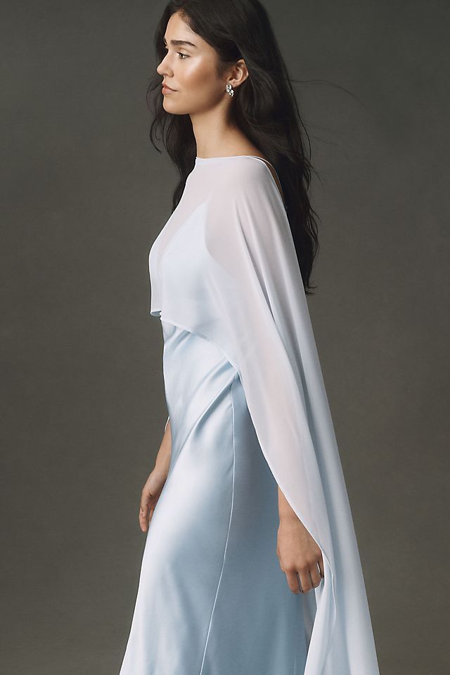 Satin Dress with Ethereal Chiffon Cape Overlay — Chiffon Dresses