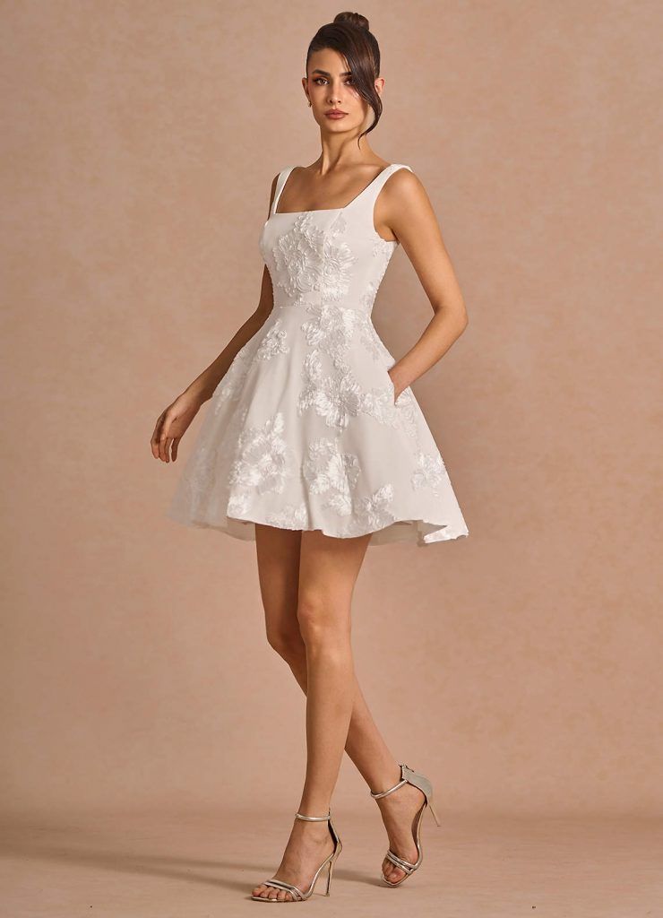 White Square Neck A-Line Dress with Floral Lace Overlay — Semi Formal Dresses