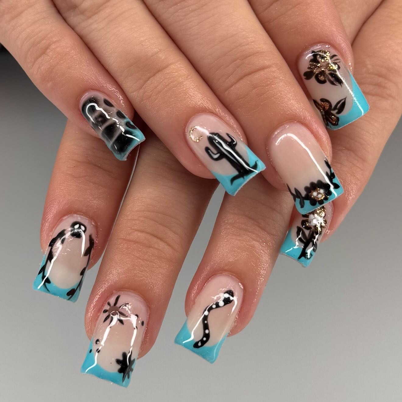 Medium Square Turquoise French with Western Art — Western Nails