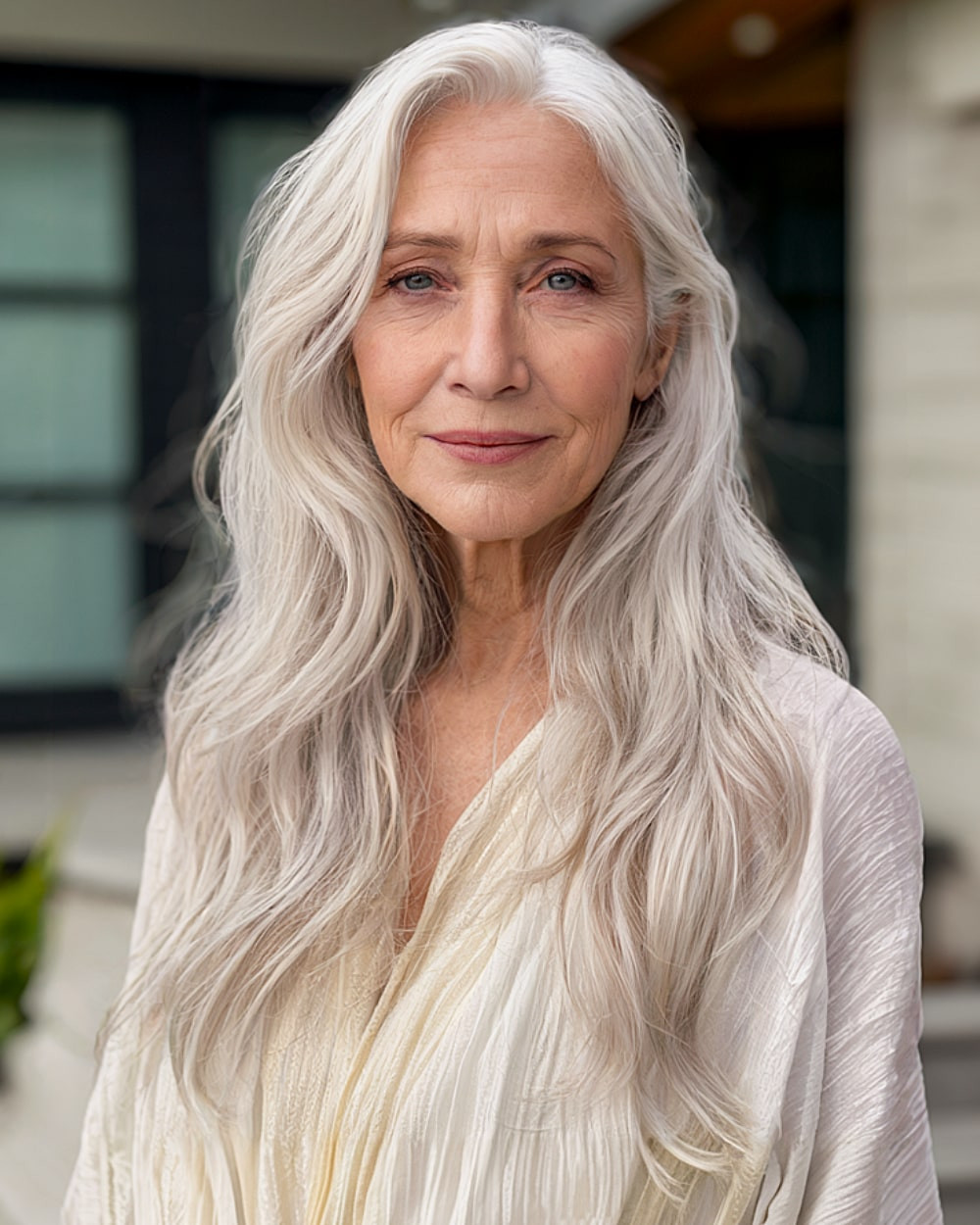 Silvery Ash Blonde Mid-Back Waves Silvery Ash Blonde Mid-Back Waves — Hair Color for Older Women