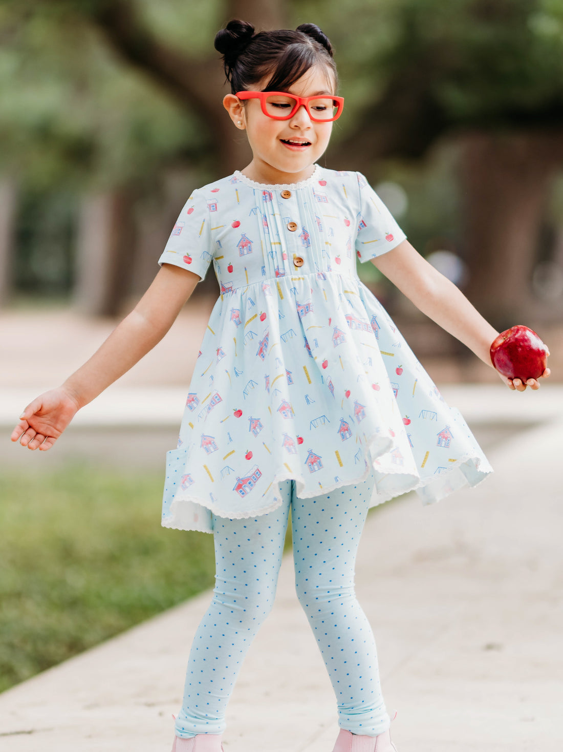 Schoolhouse Print Dress with Polka Dot Leggings Schoolhouse Print Dress with Polka Dot Leggings — Little Girl Outfits