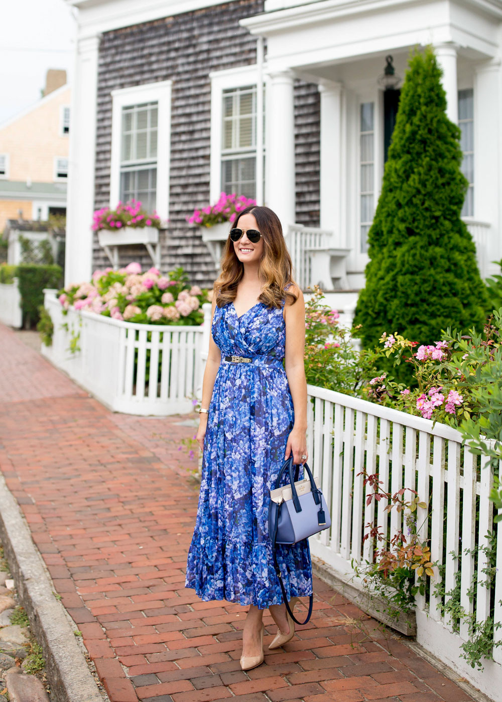 Light Blue Kate Spade Top-Handle Bag with a Floral Maxi Dress Light Blue Kate Spade Top-Handle Bag with a Floral Maxi Dress — Kate Spade Bag Outfits
