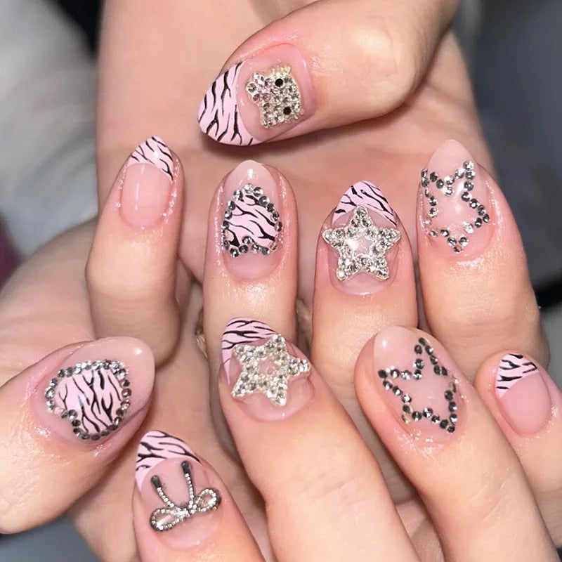 Glossy Rhinestones Visual Idea — Zebra Nails