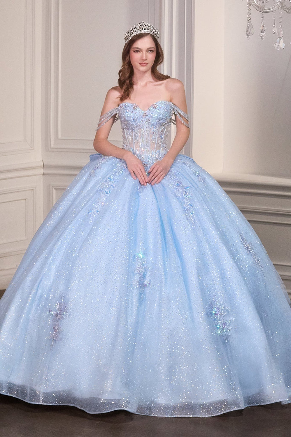 Light Blue Off-the-Shoulder Ballgown with Sparkling Bodice Light Blue Off-the-Shoulder Ballgown with Sparkling Bodice — Quinceanera Dresses