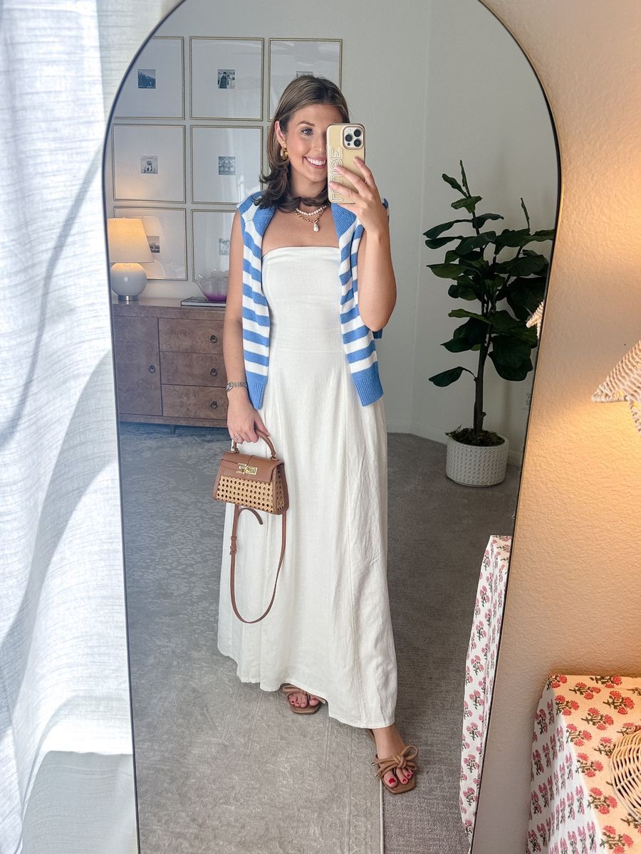 White Linen Maxi Dress with Striped Cardigan for Casual Chic White Linen Maxi Dress with Striped Cardigan for Casual Chic — Maxi Dress Outfits