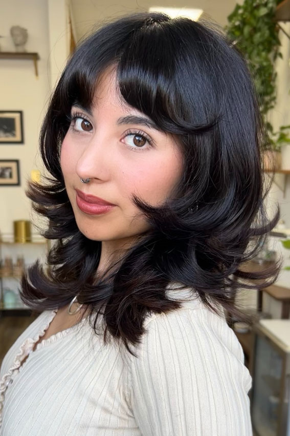 Shoulder Length Shag With Full Bangs Shoulder Length Shag With Full Bangs — Medium Length Layered Hair