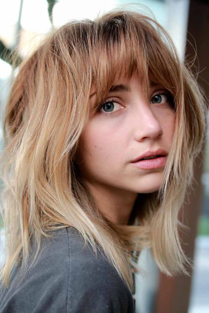 Casual Cool: Grey Tee with Blonde Layered Hair and Bangs — Bangs with Layers
