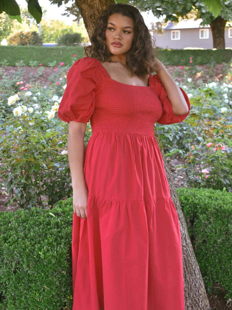 Tomato Red Smocked Puff Sleeve Midi Dress for Casual Days Tomato Red Smocked Puff Sleeve Midi Dress for Casual Days — Puff Sleeve Dresses