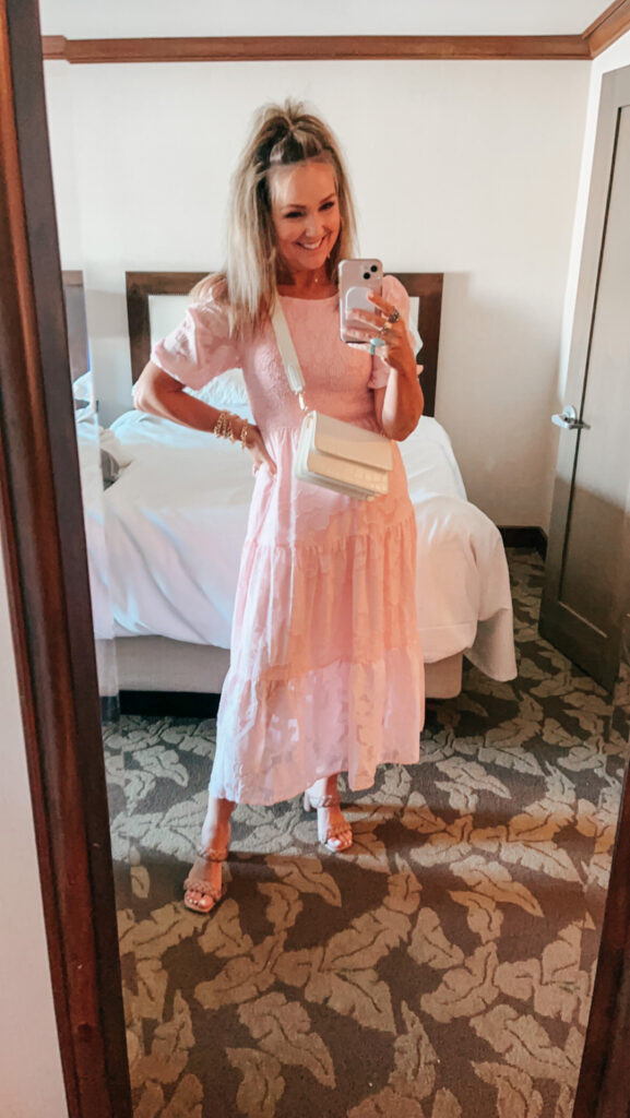 Pink Tiered Midi Dress with Tan Heeled Sandals — San Diego Outfits
