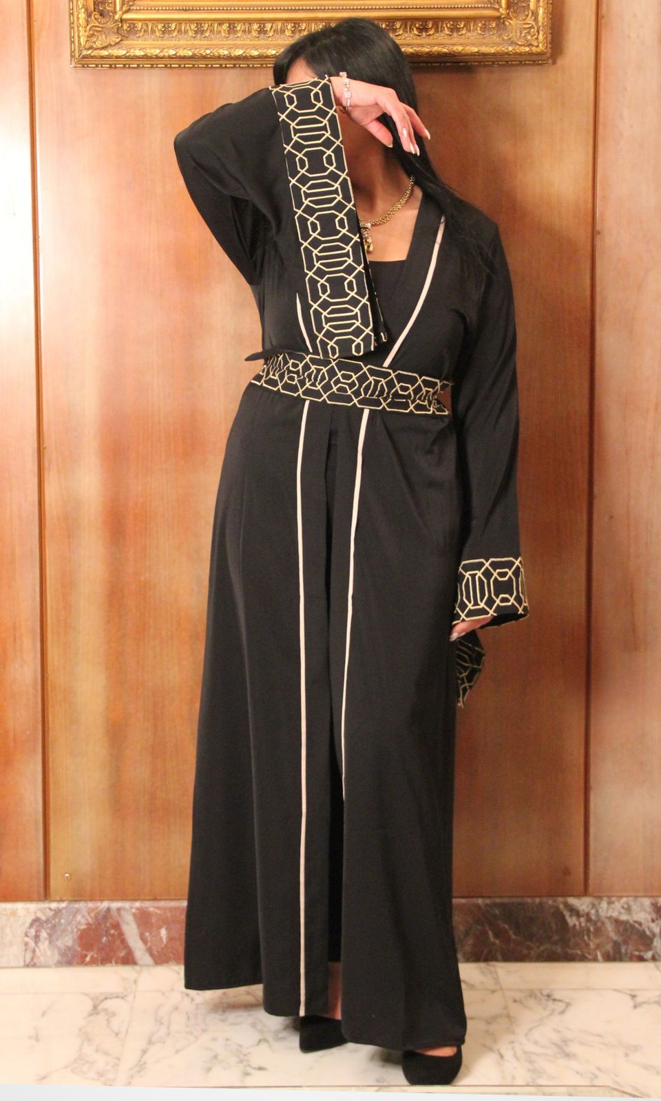 Black Abaya with Geometric Gold and White Trim Black Abaya with Geometric Gold and White Trim — Egypt Outfits