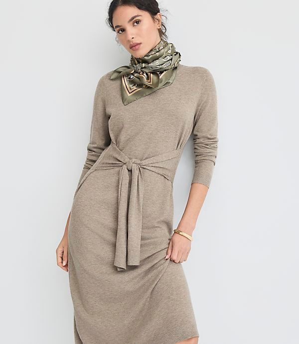 Taupe Knit Midi Dress with Self-Tie Waist and Silk Scarf Taupe Knit Midi Dress with Self-Tie Waist and Silk Scarf — Casual Dresses