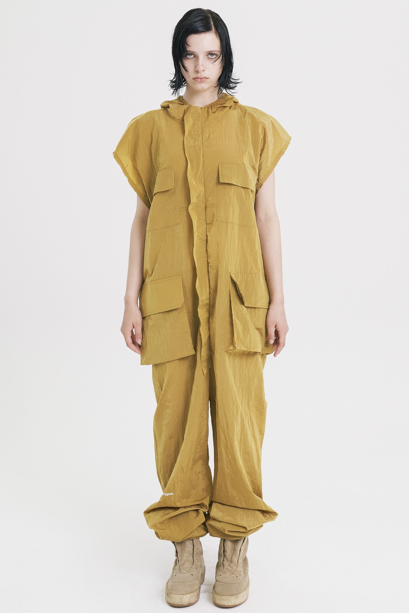 Ochre Sleeveless Hooded Jumpsuit with Cargo Pockets Ochre Sleeveless Hooded Jumpsuit with Cargo Pockets — Utilitarian Outfits