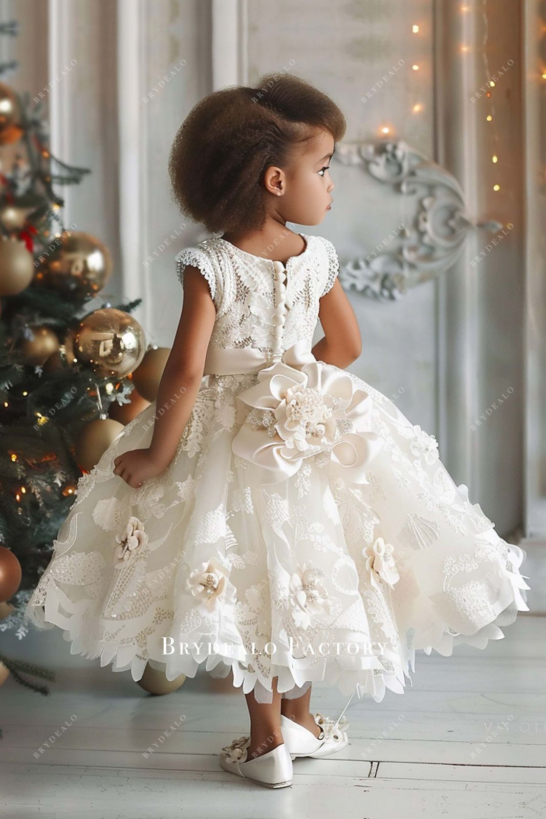 Ivory Lace Toddler Dress with Floral Appliques and Satin Bow Ivory Lace Toddler Dress with Floral Appliques and Satin Bow — Tea Length Dresses