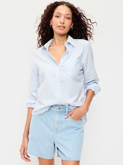 Light Blue Button-Up with Rolled Cuffs and Denim Shorts — Button Up Shirts