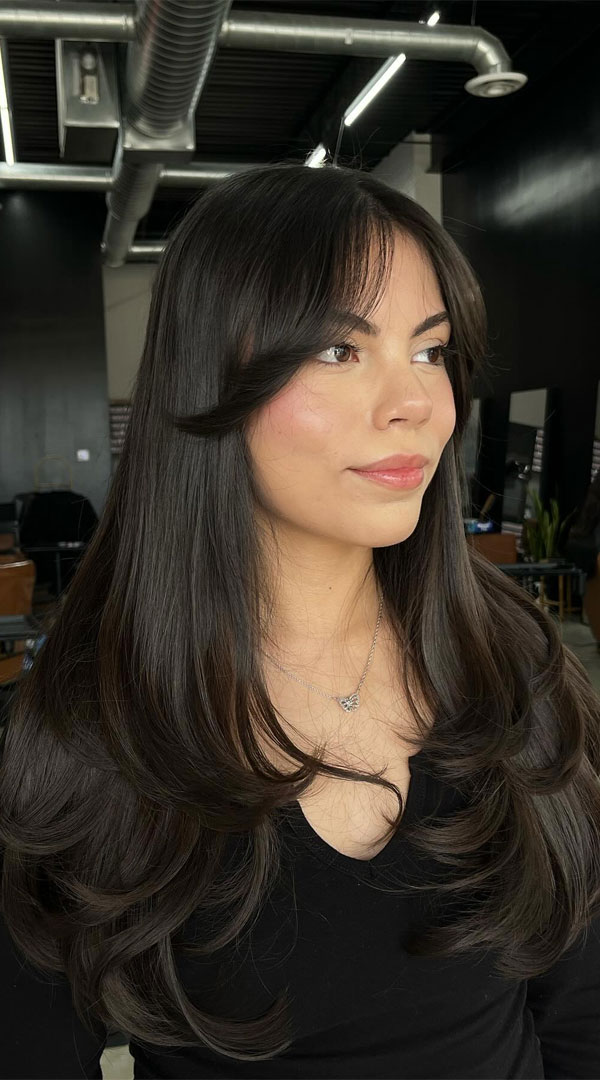 Subtle Elegance: Black Top with Wispy Face-Framing Bangs and Dark Brown Hair — Long Bangs