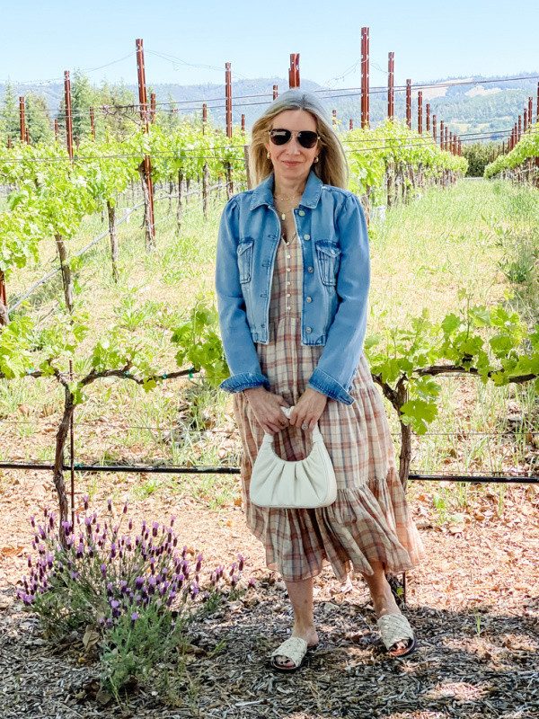 Plaid Midi Dress with Denim Jacket for Winery Visits Plaid Midi Dress with Denim Jacket for Winery Visits — Napa Outfits