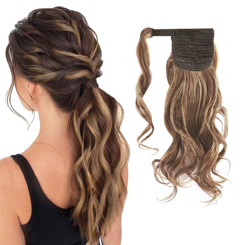 Dark Brown Highlights Wavy Back View — Wrap Around Ponytail