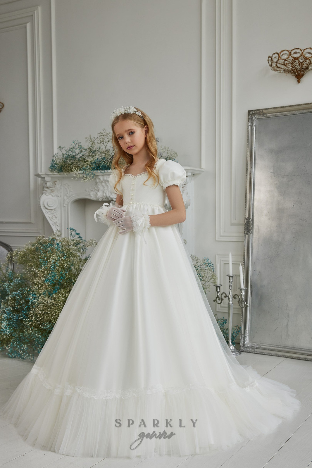 Traditional Ballgown with Puffed Sleeves and Lace-Trimmed Tulle Skirt Traditional Ballgown with Puffed Sleeves and Lace-Trimmed Tulle Skirt — First Communion Outfits