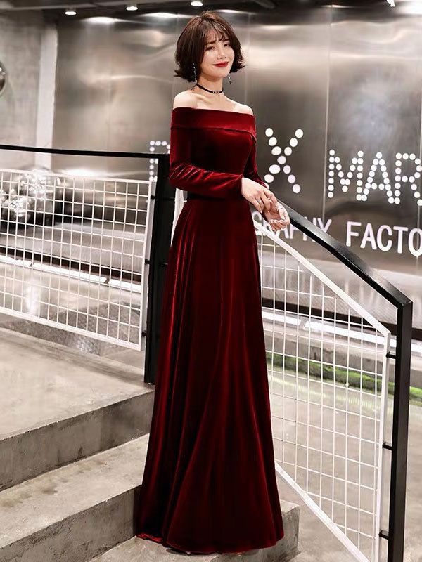 Deep Red Velvet Off-the-Shoulder Gown — Military Ball Dresses