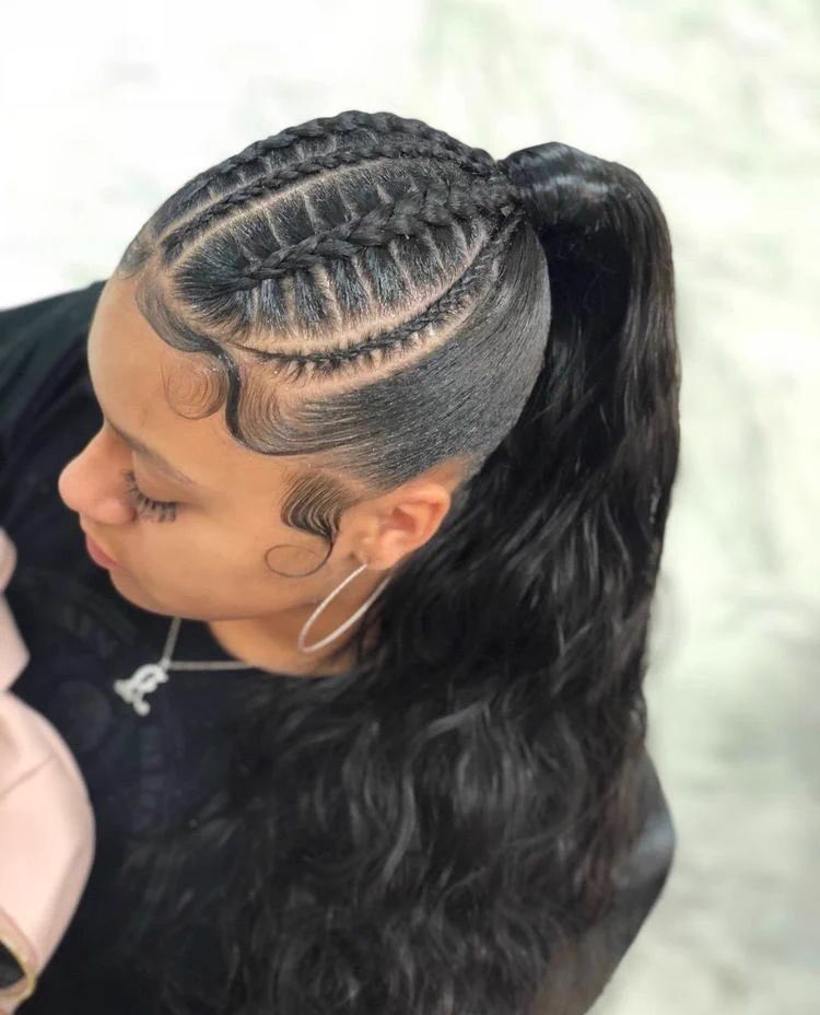 Wavy Black Ponytail With Scalp Braids — Genie Ponytail