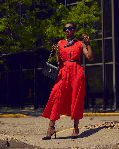 Red Sleeveless Shirt Dress with Black Accessories — Shirt Dress Outfits