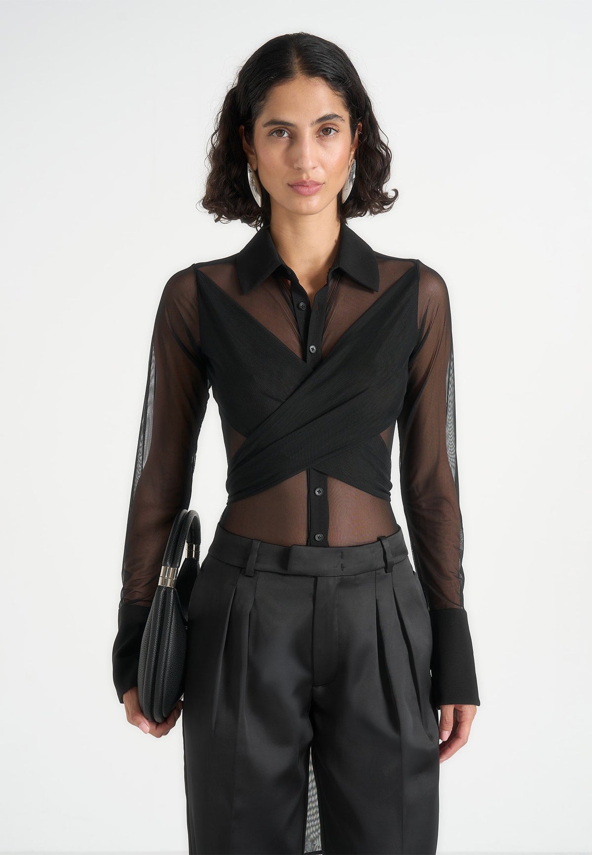 Sheer Top Layered Over a Wrap Bodysuit Sheer Top Layered Over a Wrap Bodysuit — Bodysuits