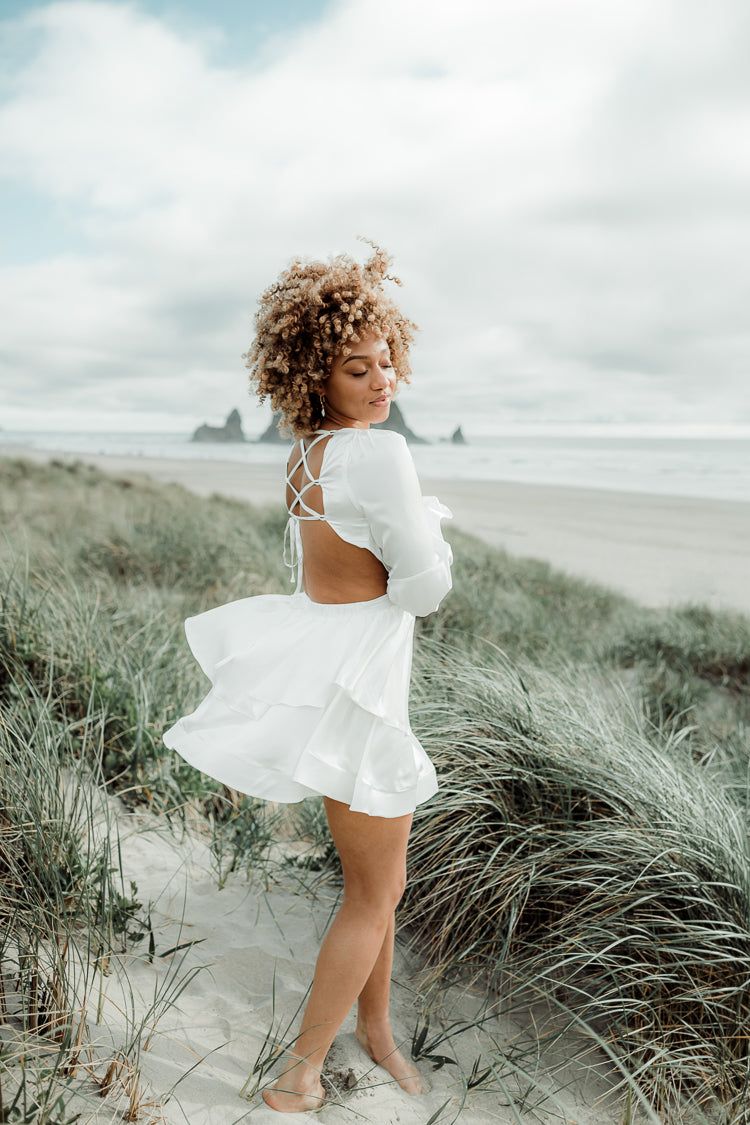 Ruffled White Mini Dress with Criss-Cross Back Detail — Honeymoon Dresses