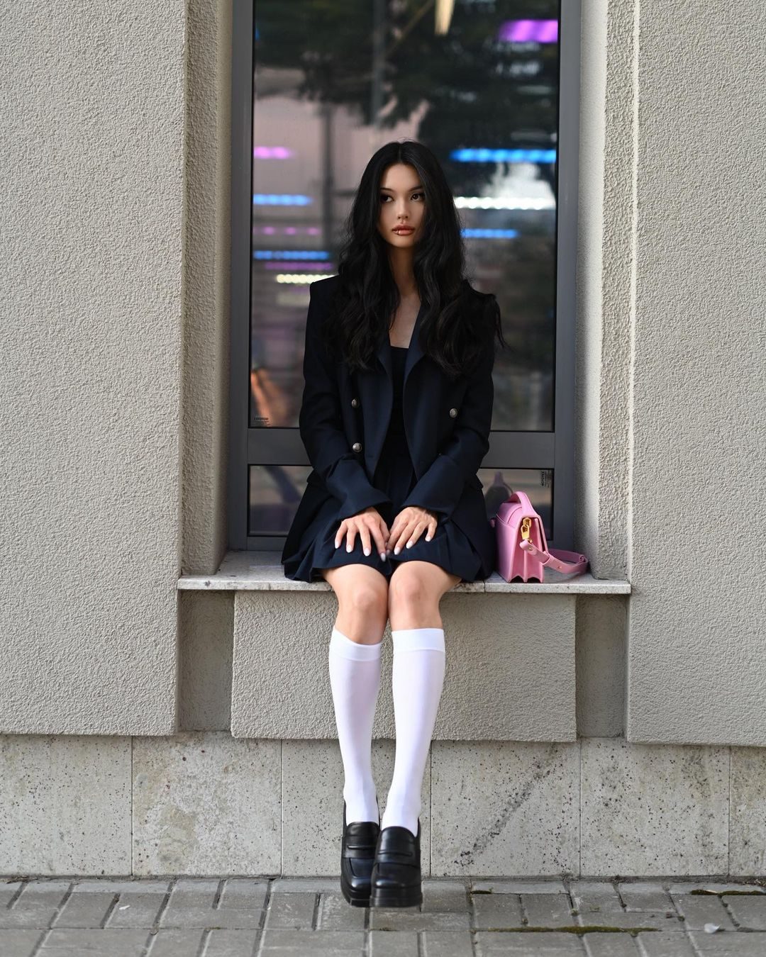 Navy Blazer with White Knee-High Socks and Loafers Navy Blazer with White Knee-High Socks and Loafers — Soft Girl Outfits