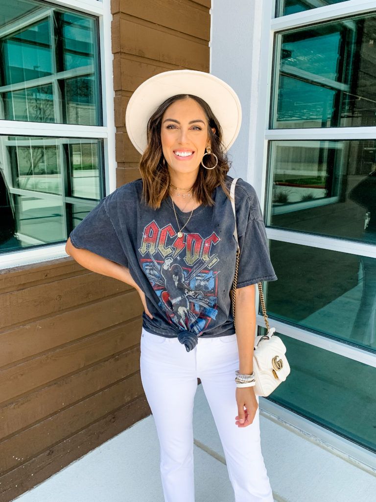 Knotted Band Tee with White Jeans and Hat — Band Tee Outfits