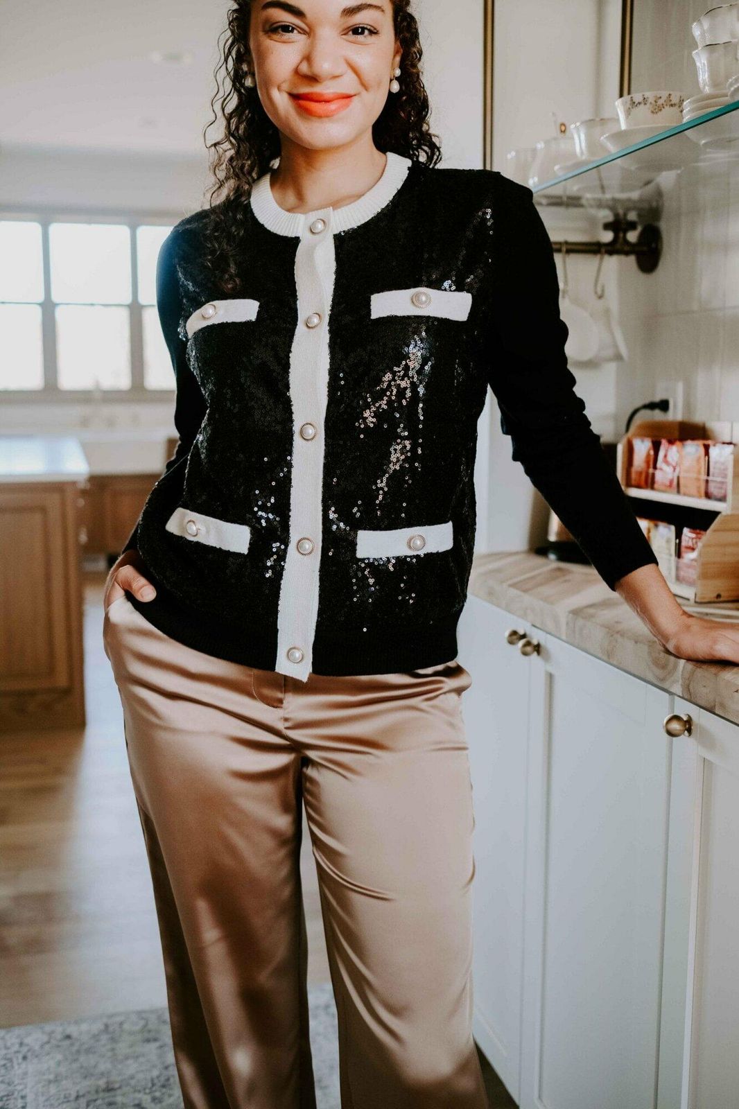 Elegant Black Sequined Cardigan with Satin Trousers for Holiday Hosting Elegant Black Sequined Cardigan with Satin Trousers for Holiday Hosting — Hostess Outfits