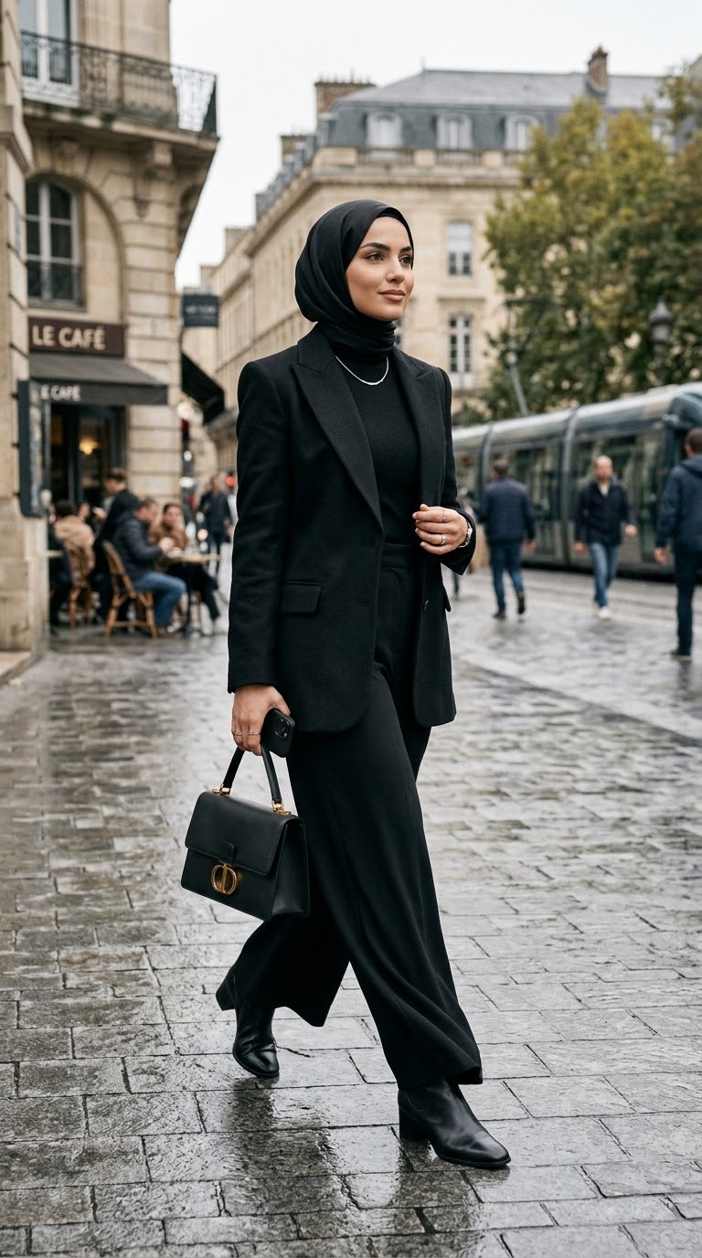 Structured Black Suit with Wide-Leg Trousers and Hijab — Dark Feminine Outfits