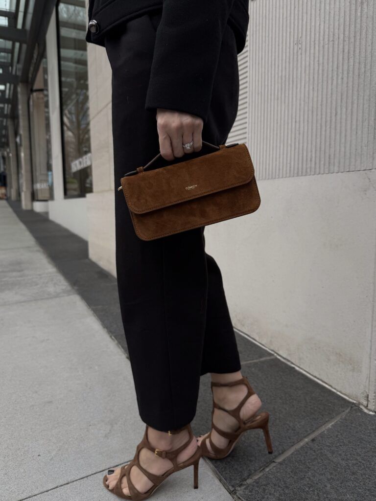 Evening Elegance with Suede Clutch and Heels Evening Elegance with Suede Clutch and Heels — Coach Bag Outfits