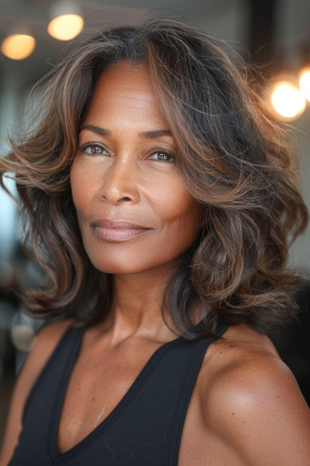 Voluminous Layered Lob with Highlights Voluminous Layered Lob with Highlights — Brown Hair Over 50