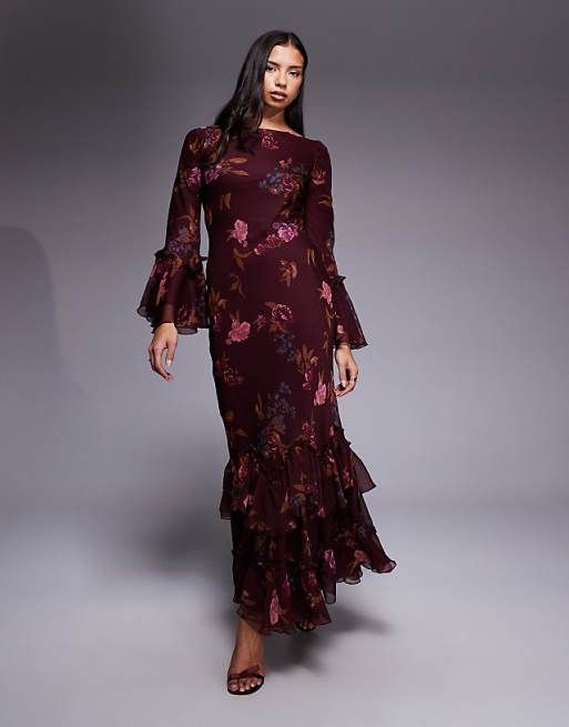Sheer Floral Tiered Dress for Evening Parties — Tiered Dresses