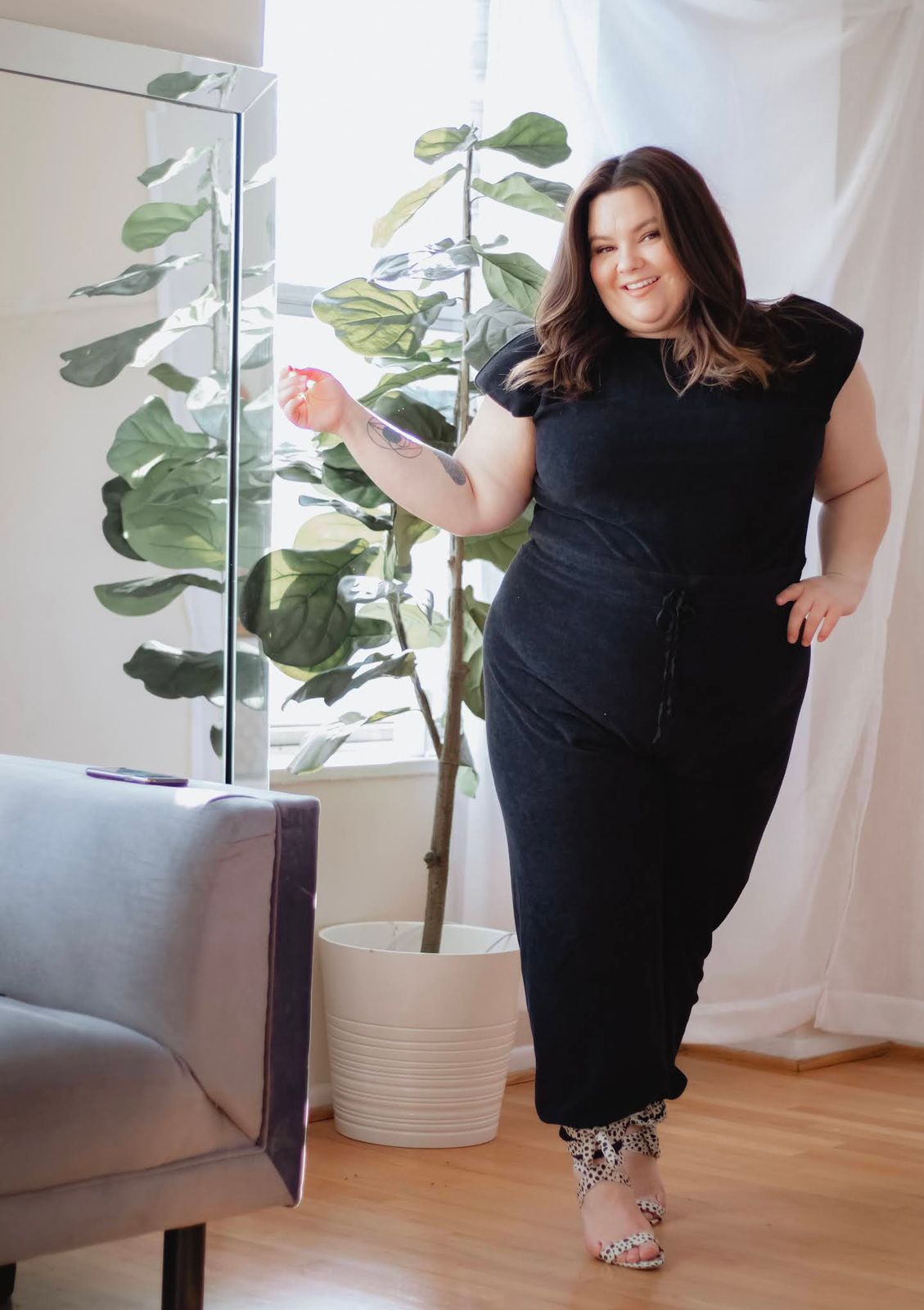 Velour Jumpsuit with Leopard Heels: A Bold WFH Statement Velour Jumpsuit with Leopard Heels: A Bold WFH Statement — Work From Home Outfits